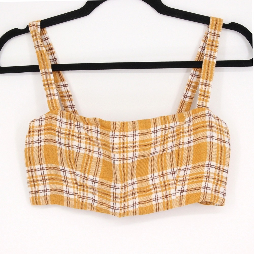 Reformation Women's Yellow Plaid Linen Noble Pants & Atlas Crop Top Set Size 2 - Picture 2 of 10